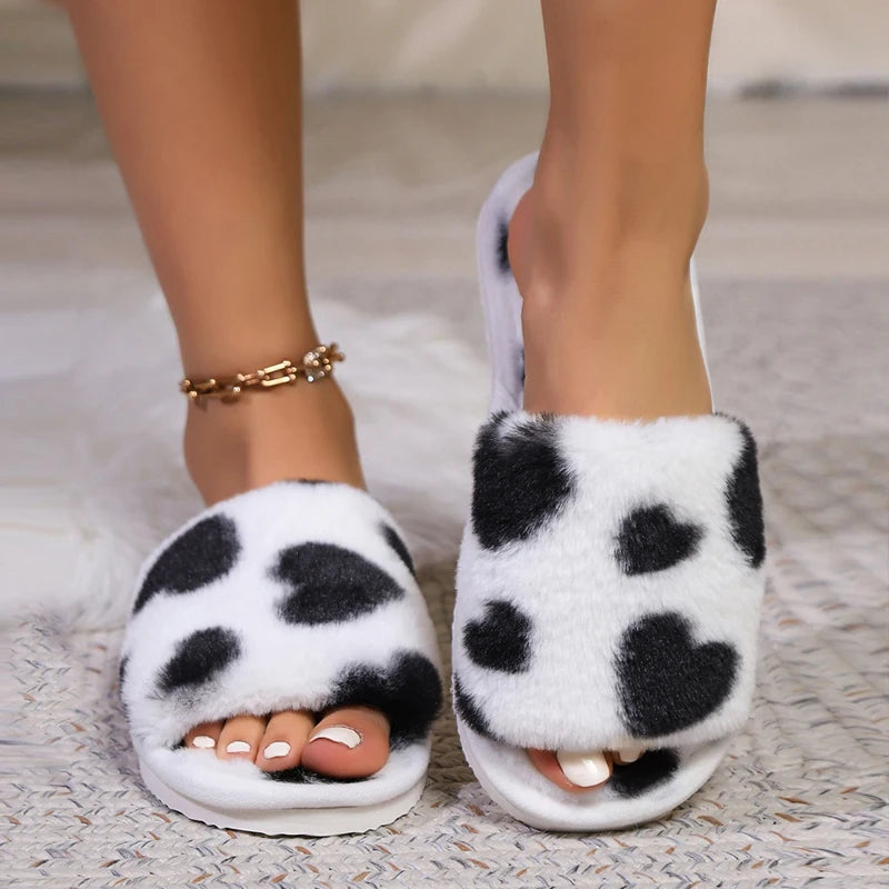 Women's Heart Plush Indoor Slippers – Cozy Open Toe Slides
