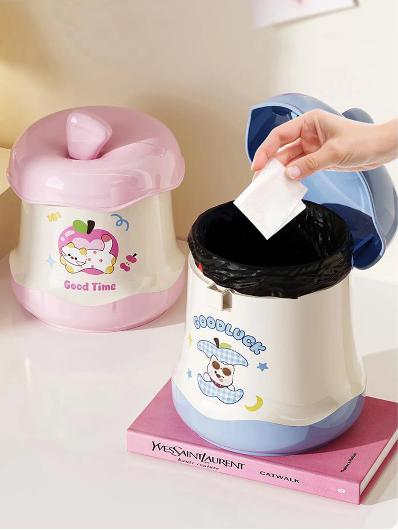 1Pcs Cartoon Pattern Desktop Trash Bin Apple Shaped Press Open Lid Storage Bin Snacks Paper Scraps Miscellaneous Items Trash Peaceful Pleasures Health and Wellness