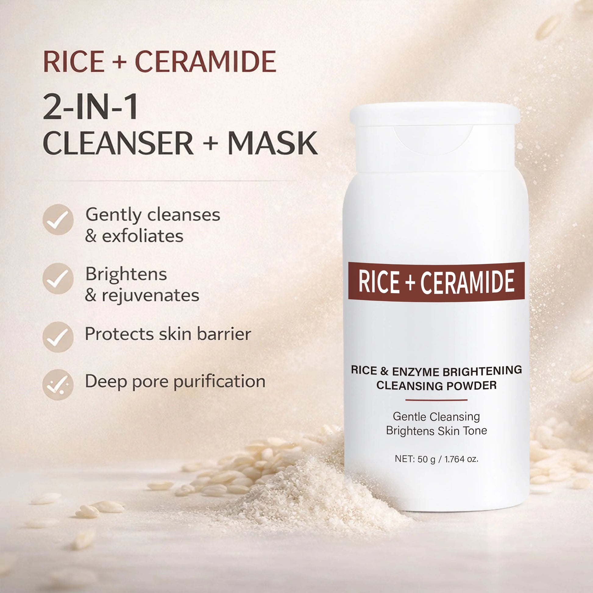 Rice Enzyme Brightening Cleansing Powder, Exfoliating Powder to Foam Cleanser, Smooth Texture,Hydrating & Gentle Skin Care 50g Peaceful Pleasures Health and Wellness