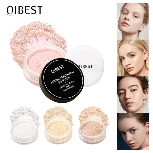 QIBEST 4 Colors Loose Powder Waterproof Oil-Control Matte Finish Compact Setting Powder Long-Lasting Invisible Pores Face Makeup Peaceful Pleasures Health and Wellness