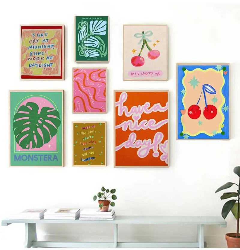 Retro Pink Preppy Canvas Wall Art | Cherry Heart Snake Poster