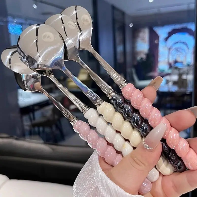 2026 New 304 Stainless Steel Spoon Girl Pearl Five-color Imitation Ceramic Handle Spoons Household Long Handled Dining Spoon Peaceful Pleasures Health and Wellness