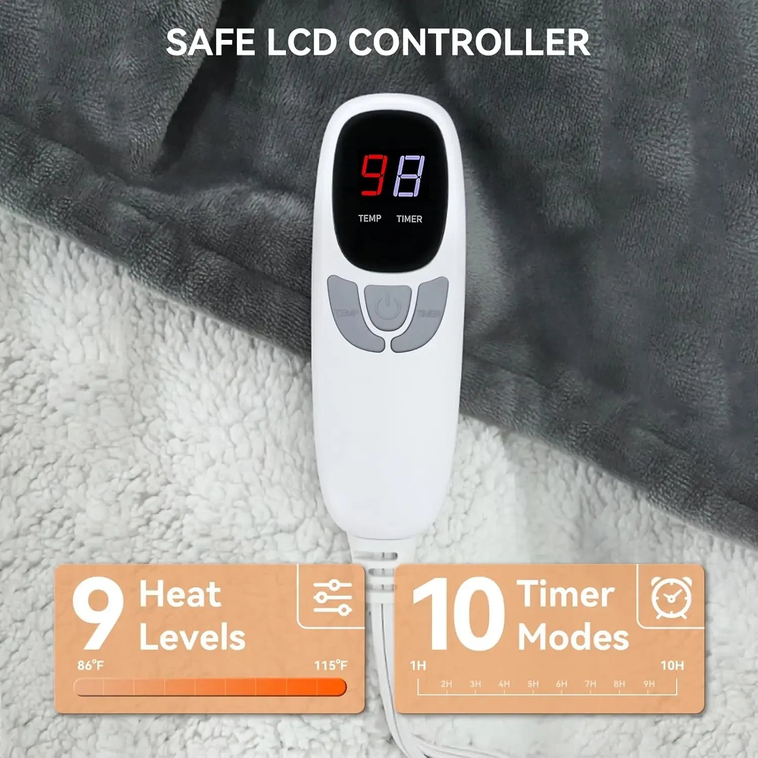 Queen Size Electric Heated Blanket with Dual Control, 9 Heat Levels, 10 Timers, Auto Shut-Off & Overheat Protection Peaceful Pleasures Health and Wellness
