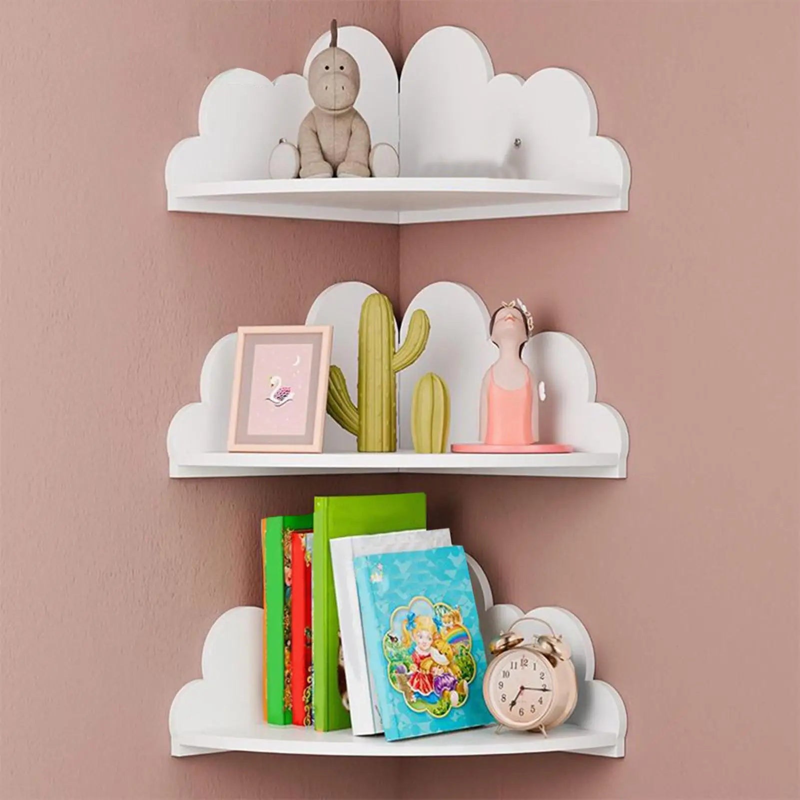 3-Piece Wooden Corner Display Shelf, Cloud Wall Bookshelf for Home Decor, Bedroom, Office, Kids Room - Space Saving Rack Peaceful Pleasures Health and Wellness