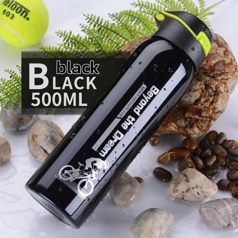 Stainless Steel Thermos Bottle Ideal for Outdoor Activities, Cycling Sports Keep Hot or Cold Easy to Carry Durable Water Bottle Peaceful Pleasures Health and Wellness black