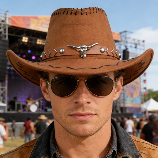 Vintage Brown Faux Suede Western Cowboy Hat Bull Skull Arrow Stitch Peaceful Pleasures Health and Wellness