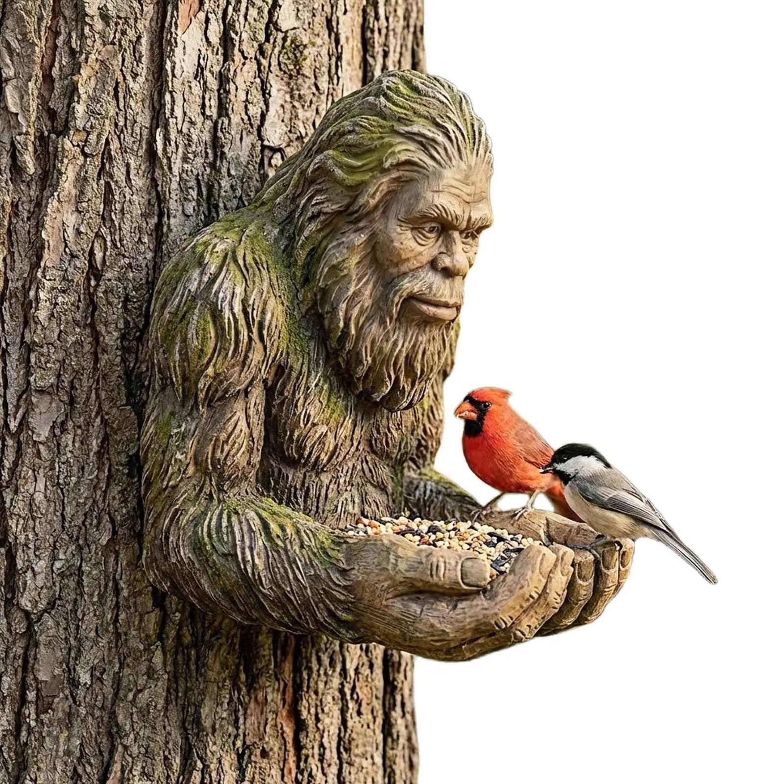 Tree Hugger Bird Feeder Sculpture Outdoor Resin Sasquatch Statue Wild Bird Seed Tray for Garden Yard Decoration Peaceful Pleasures Health and Wellness