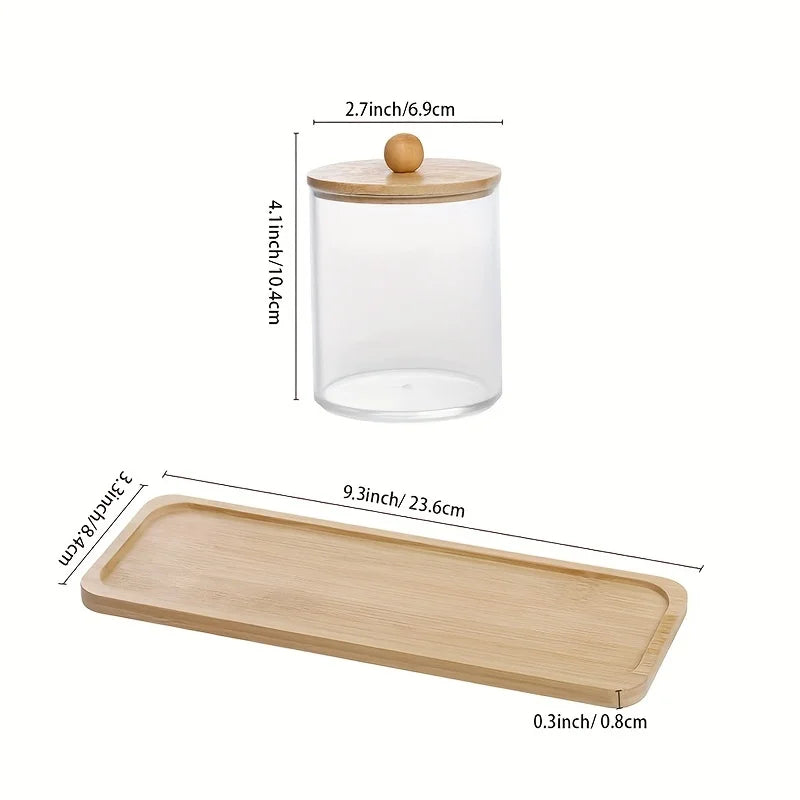 Clear Apothecary Qtip & Cotton Ball Holder with Vanity Tray – 10 oz Bathroom Organizer