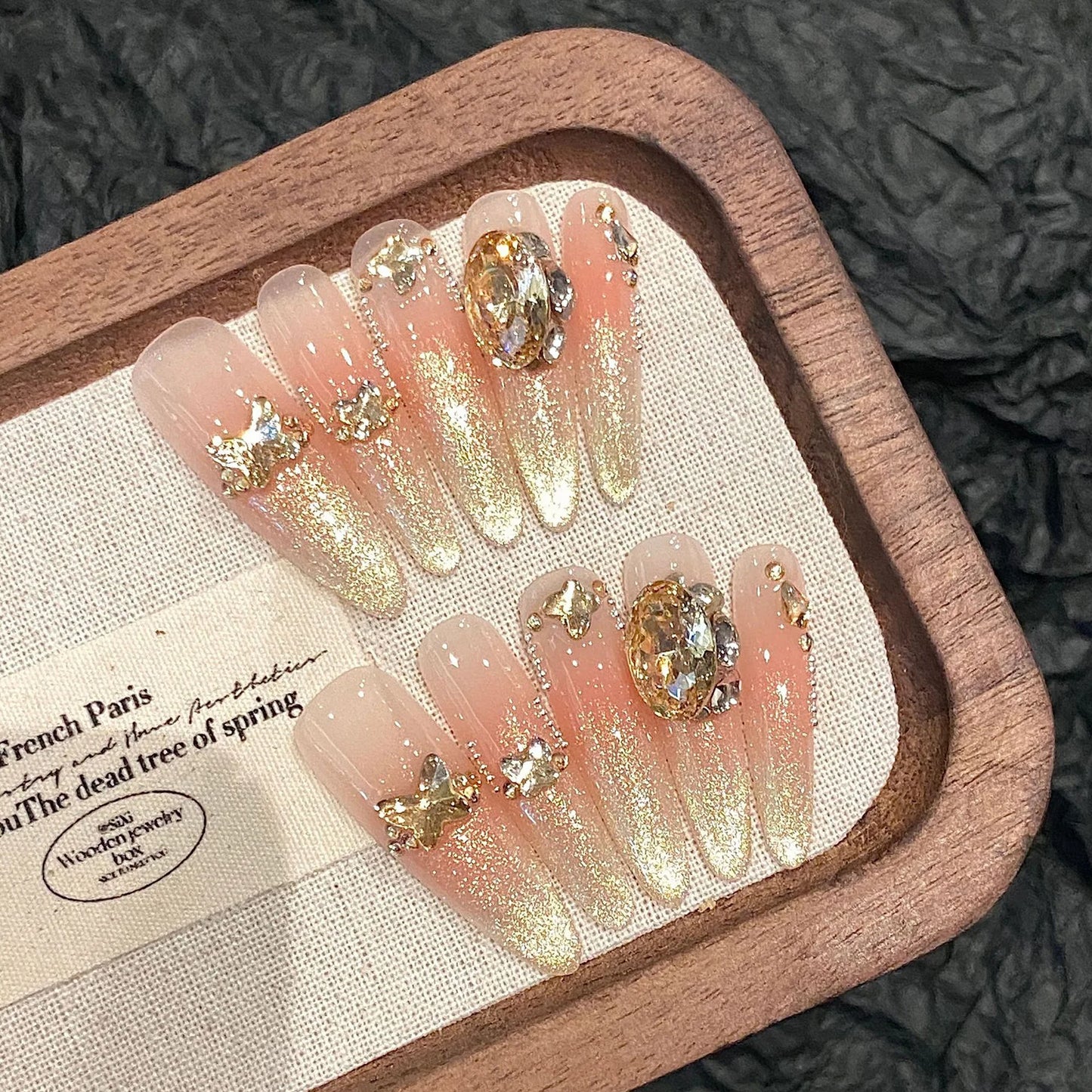 10PCS Handmade Press on Nails Champagne Zircon Diamond Almond Fake Nails Decor Wearable French Elegant Cat's Eye False Nails Art Peaceful Pleasures Health and Wellness XS