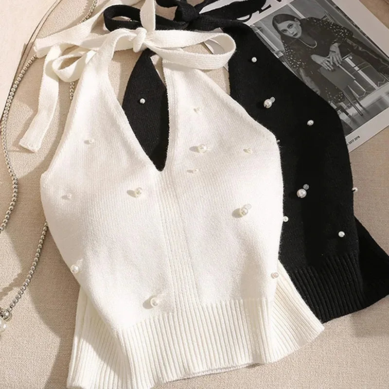 Pearl Beaded Halter Crop Top | Spaghetti Strap Cami for Women