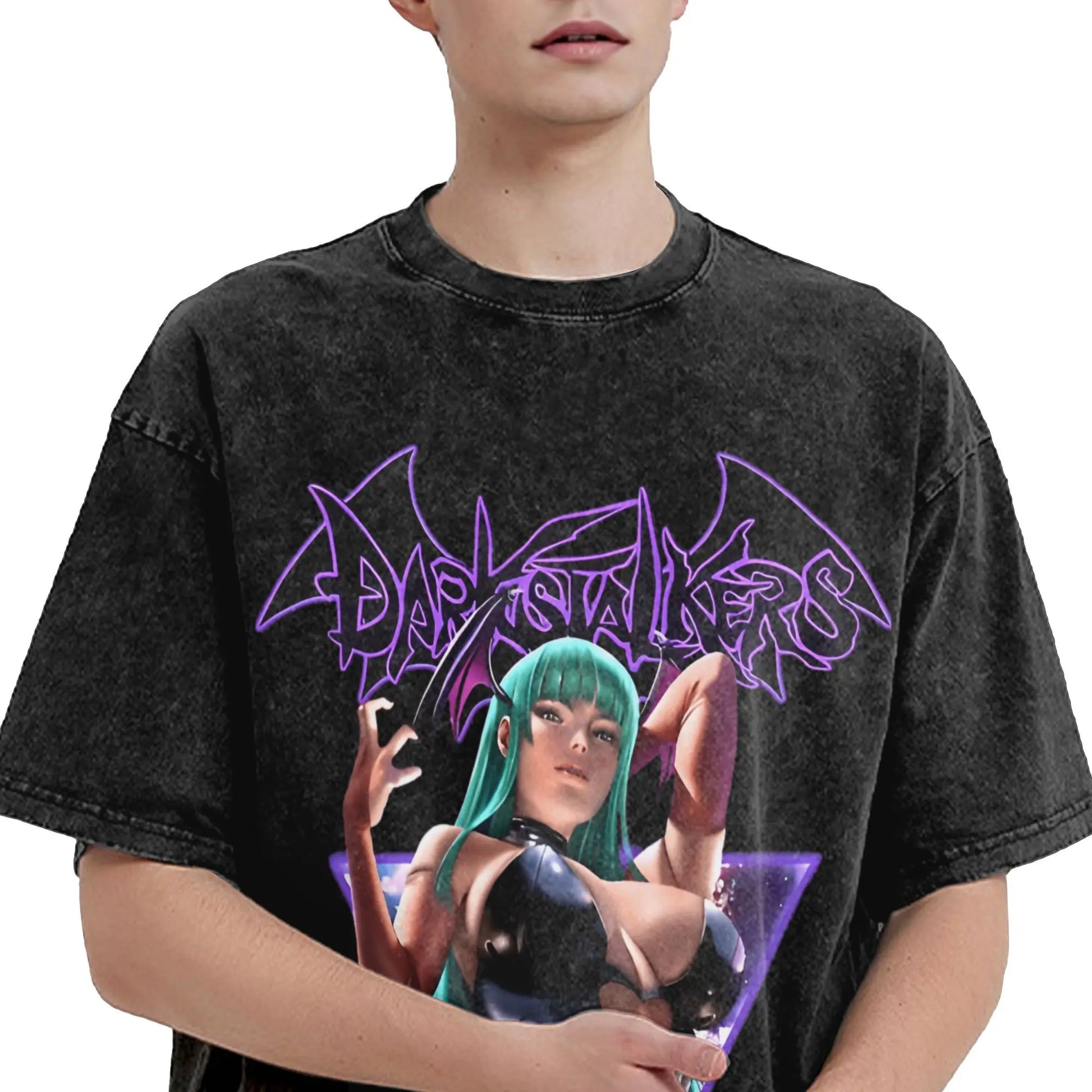 Casual Morrigan Aensland T-Shirts for Men Crew Neck Cotton Washed T Shirt Vampire Short Sleeve Tee Shirt Big Size Clothes Peaceful Pleasures Health and Wellness