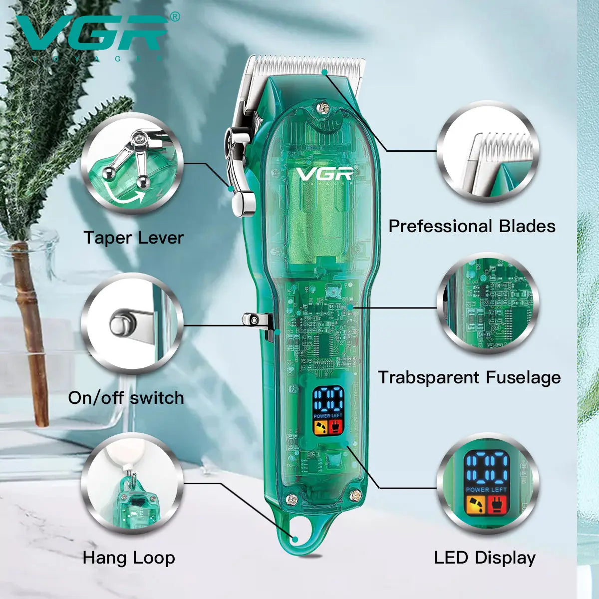 VGR 660 Hair Clipper Transparent Hair Cutting Machine Cordless Hair Trimmer Electric Barber Digital Display Clipper for Men Peaceful Pleasures Health and Wellness