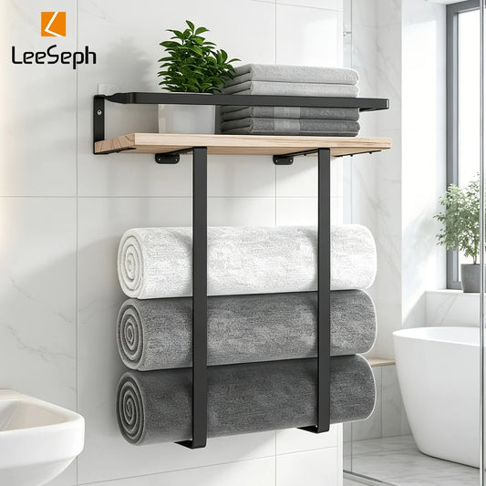 Towel Racks for Bathroom Wall Decor, Black Minimalist Design Storage Organizer, Bathroom Shelves for Large Towels, Spa, Salon Peaceful Pleasures Health and Wellness