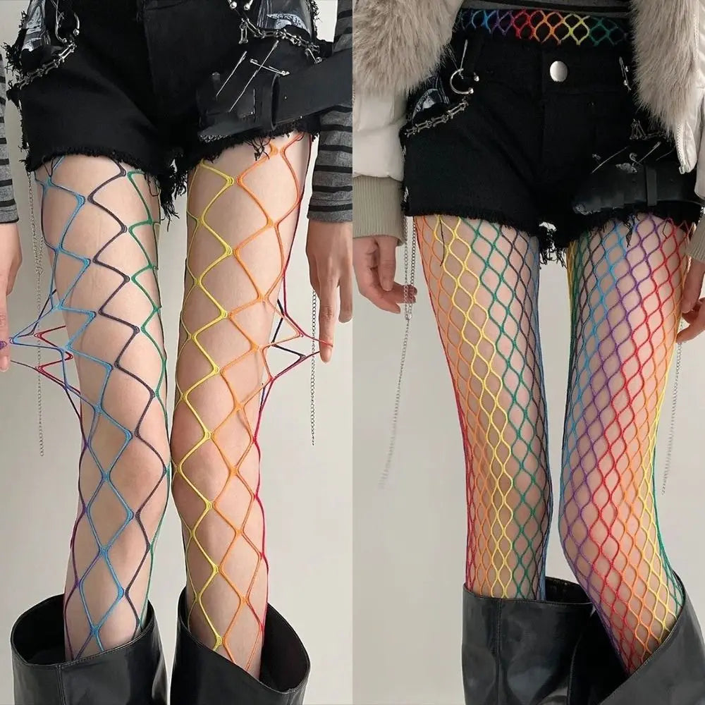 Y2K Rainbow Fishnet Stockings – Gradient Mesh High Waist Tights