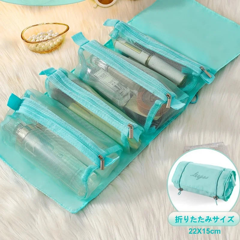 Large capacity makeup storage bag with 4 detachable compartments and foldable hanging makeup bag with hanging ring Peaceful Pleasures Health and Wellness Blue