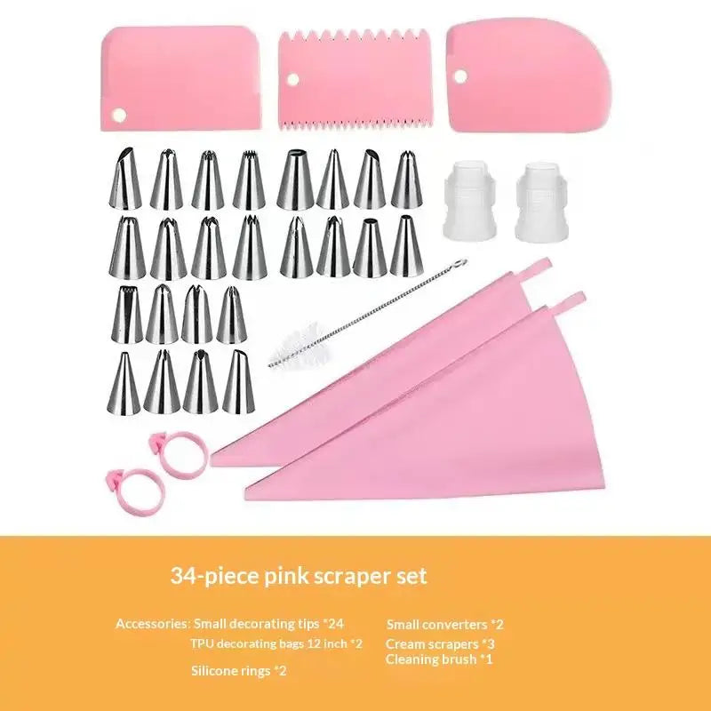 34-Piece Stainless Steel Piping Nozzle Set & Reusable Pastry Bag Cake Decorating Set Peaceful Pleasures Health and Wellness Pink