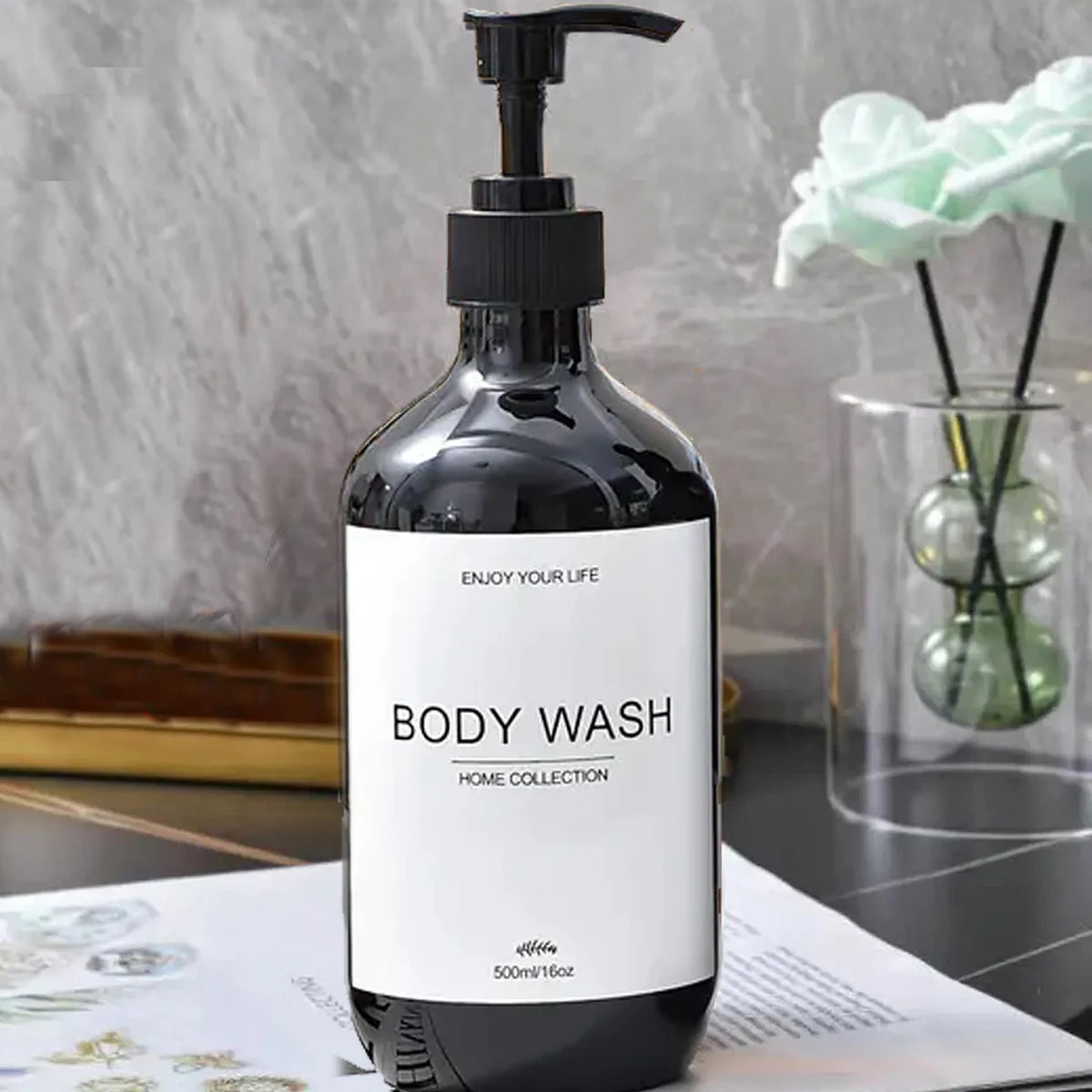 Bathroom Shampoo Dispenser Set 500ml Conditioner Body Wash Bottles Refillable Dispenser Farmhouse Decoration Storage Bottles Peaceful Pleasures Health and Wellness Black-B 1