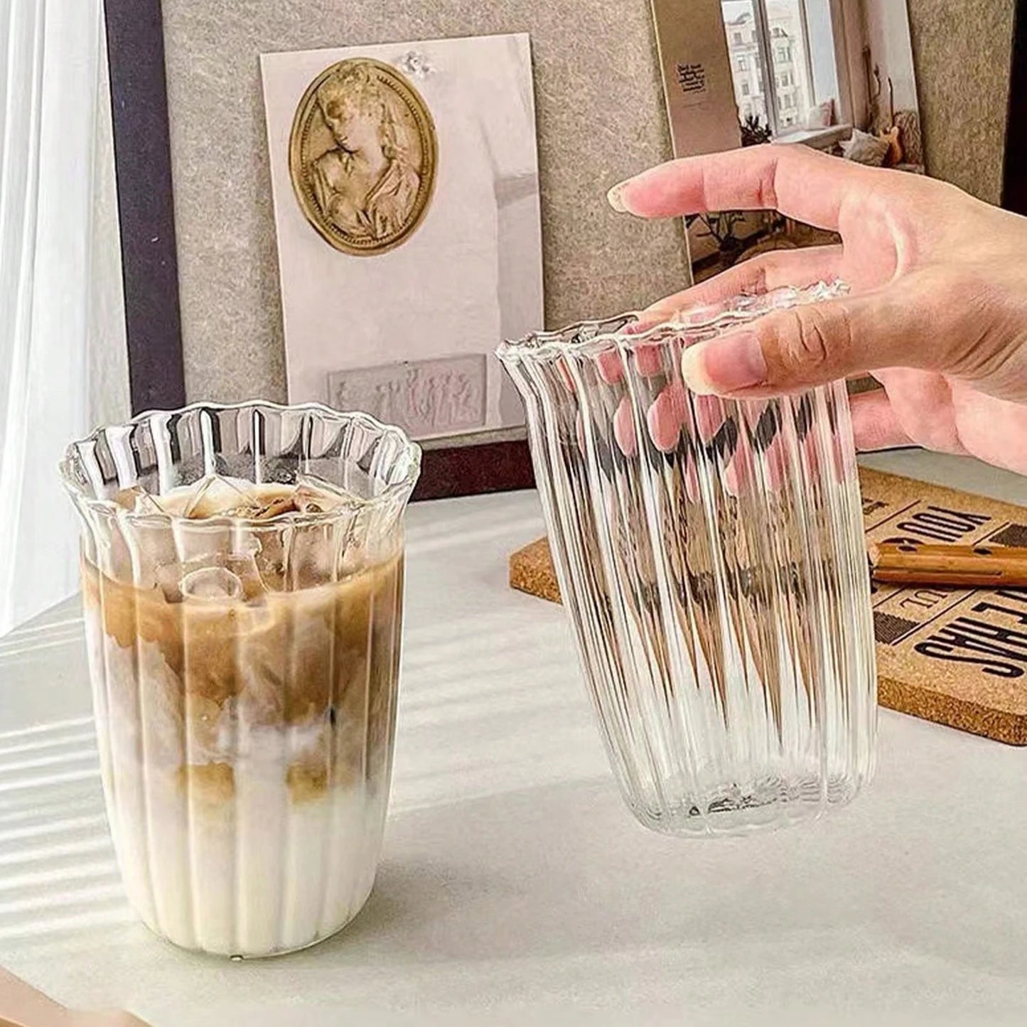 Transparent Glass Striped Cup Easy to Clean Vintage Cocktail Latte Mugs Suitable for Ice Cream Milkshakes Peaceful Pleasures Health and Wellness