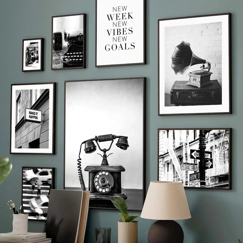 Black & White Retro Canvas Wall Art | Camera Gramophone Print