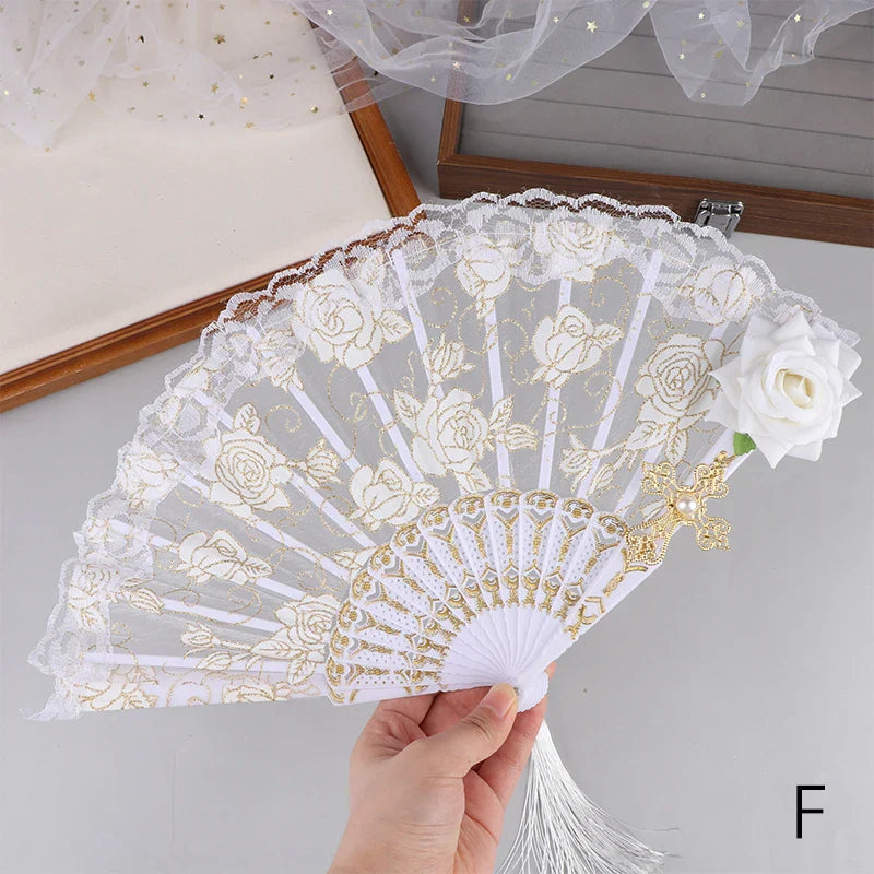 Ladies Lace Folding Hand Fan with Tassels | Wedding & Dance