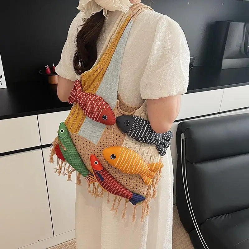 Fish Tassel Knitted Shoulder Bag – Casual Tote for Women & Girls