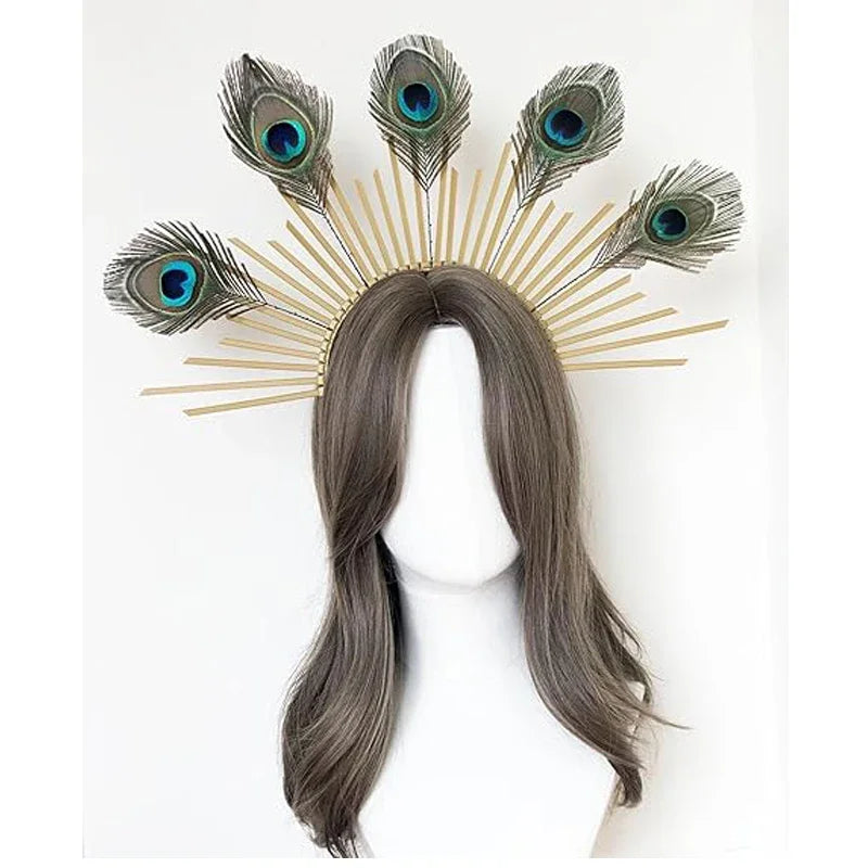 Peacock Feather Gold Halo Crown Sun Headband Hallowee Cosplay Festival Bridal Wedding Maternity Photoshoot Goddess Headpiece Peaceful Pleasures Health and Wellness style 3