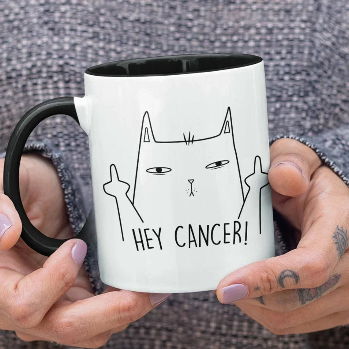 Hey Cancer Middle Finger Cat Mug | Cancer Fighter Gift Ceramic Coffee Mug Peaceful Pleasures Health and Wellness B