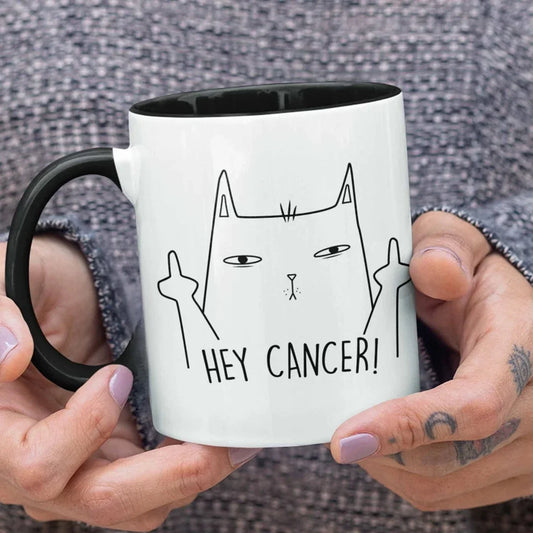 Hey Cancer Middle Finger Cat Mug | Cancer Fighter Gift Ceramic Coffee Mug Peaceful Pleasures Health and Wellness B