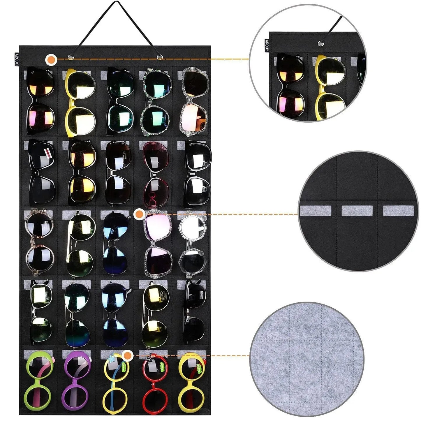 Sunglasses Storage Hanging Bag - 15 or 25 Felt Slot Sunglasses Organiser Eyeglasses Display with Sturdy Cord Peaceful Pleasures Health and Wellness