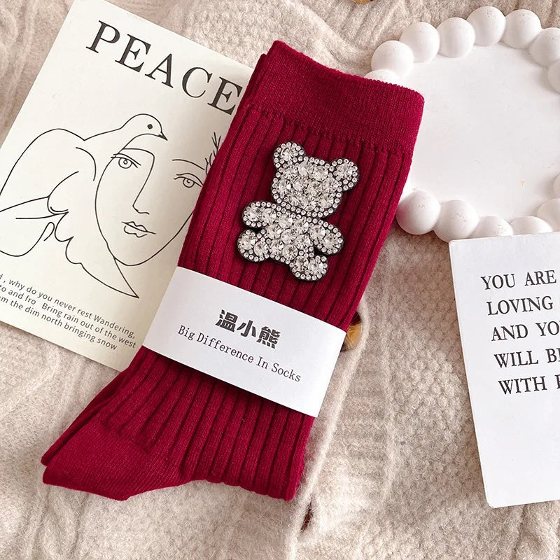 Diamond Cartoon Bear Decorative Socks, Fashionable Diamond Sparkling Women's Socks, Comfortable And Breathable Christmas Socks Peaceful Pleasures Health and Wellness Burgundy One Size