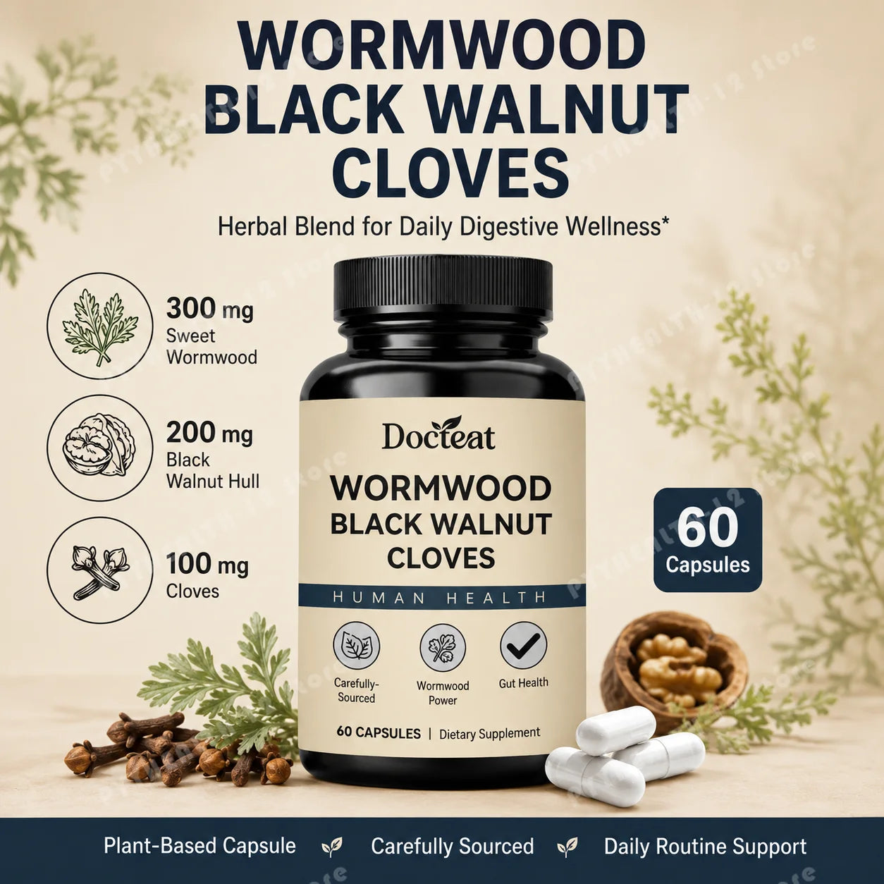 Wormwood Black Walnut Cloves Capsules 60ct – Herbal Digestive Herbal Supplement Capsules Peaceful Pleasures Health and Wellness
