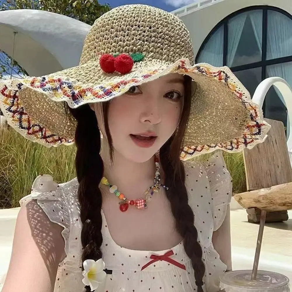 Wide Brim Straw Sun Hat – Floral Tie & Hollow Weave Women's