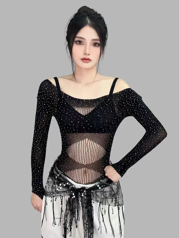 Women's Rhinestone Sheer Lingerie Set | Dance Performance Outfit