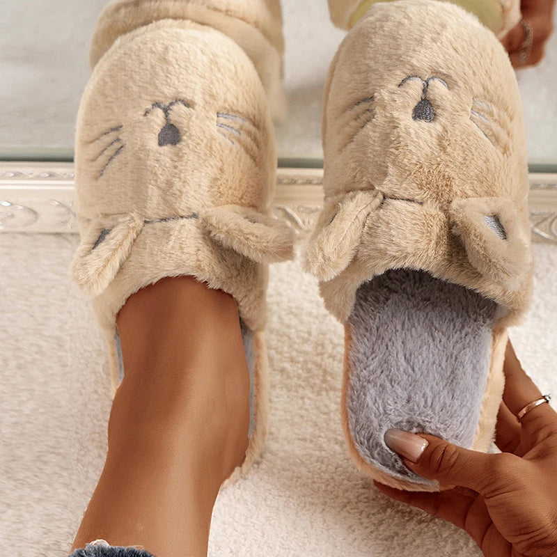 Women's Plush Cat Slippers – Cozy Non-Slip Furry Indoor Slippers