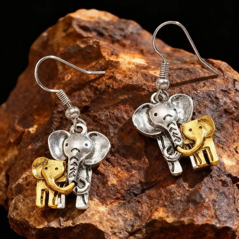 Mother & Baby Elephant Dangle Earrings | Two-Tone Vintage Drop