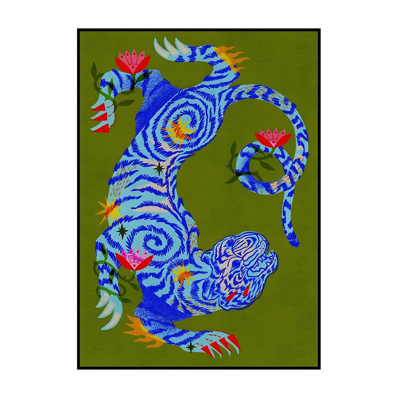 Abstract Classic Tiger in Blue Illustration Poster Wall Art Print Canvas Painting for Living Room Home Decoration Picture Peaceful Pleasures Health and Wellness