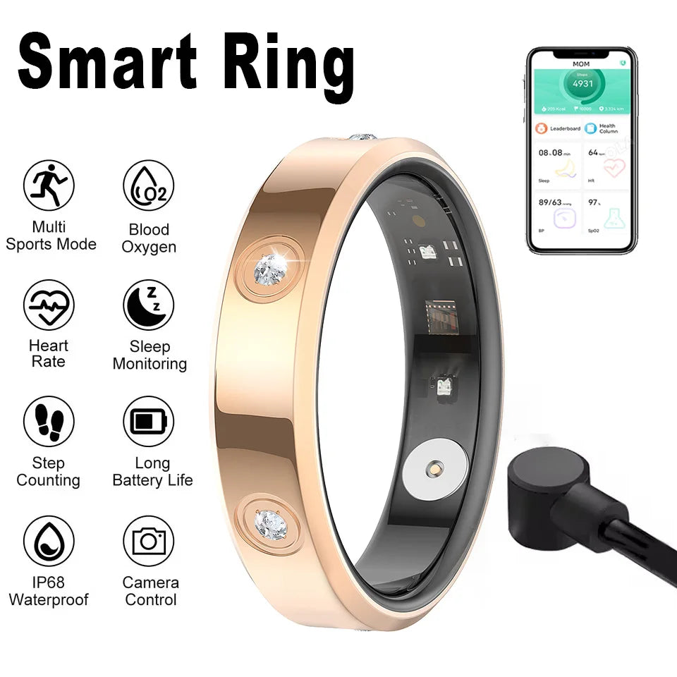 2025 New Smart Ring Waterproof 5ATM Heart Rate Blood Oxygen Health Sleep Monitoring Multi-Sport Mode Camera control Smartring Peaceful Pleasures Health and Wellness Gold 10
