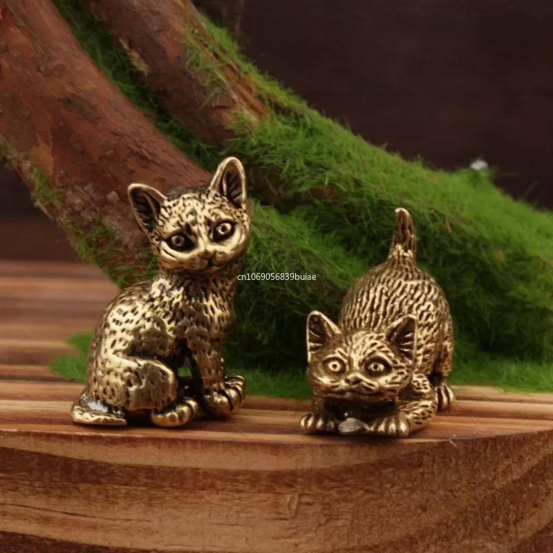 Mini Brass Cute Cats Figurines Miniatures Desktop Ornaments Classical Small Animal Tea Pet Home Decors Accessories Fairy Garden Peaceful Pleasures Health and Wellness