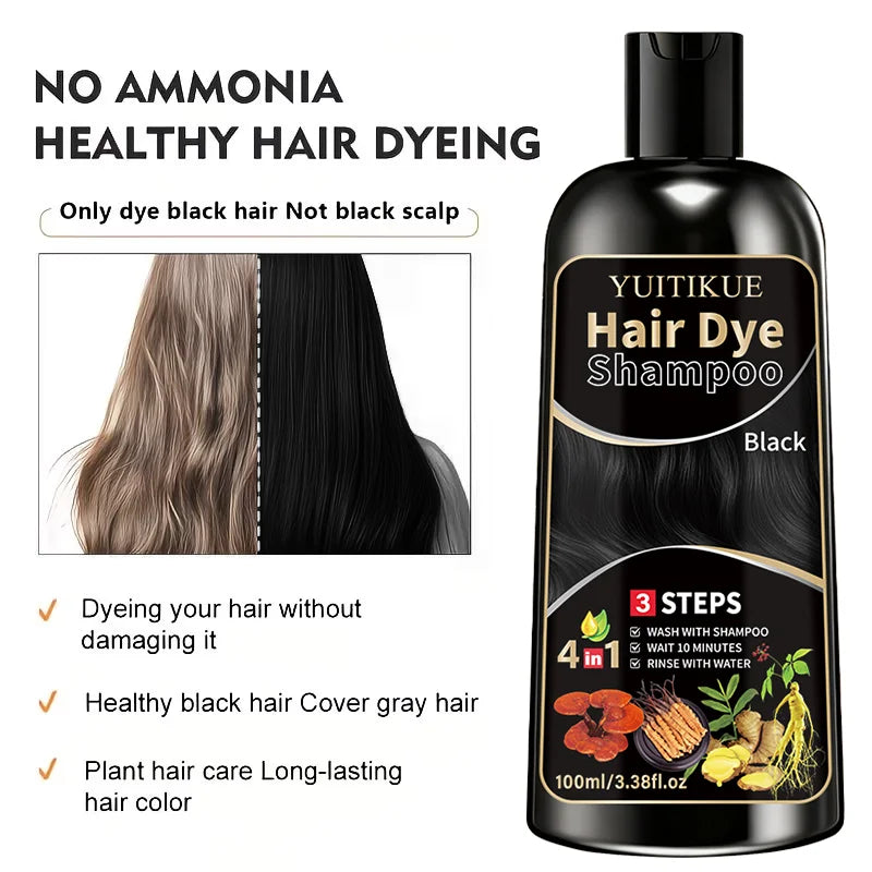 YUITIKUE Herbal Black Hair Dye Shampoo 100ml - Gentle 4-in-1 3 Steps Hair Color Shampoo for At-Home Easy Use Peaceful Pleasures Health and Wellness