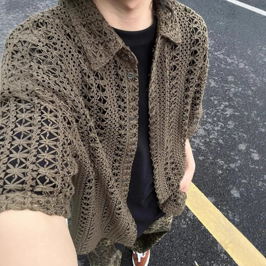 Men's Green Openwork Knit Shirt | Retro Short-Sleeve Summer Top Men's Casual Shirt Peaceful Pleasures Health and Wellness