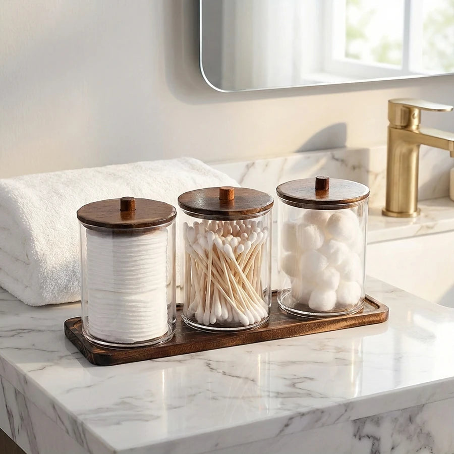 3pc Clear Apothecary Jar Set with Vanity Tray – Bathroom Organizer for Cotton Swabs, Balls & Pads (10 oz)