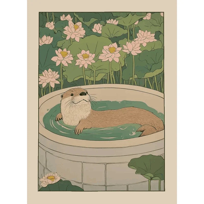 Japanese Cute Animals Bathtub Canvas Wall Art | Bathroom Decor