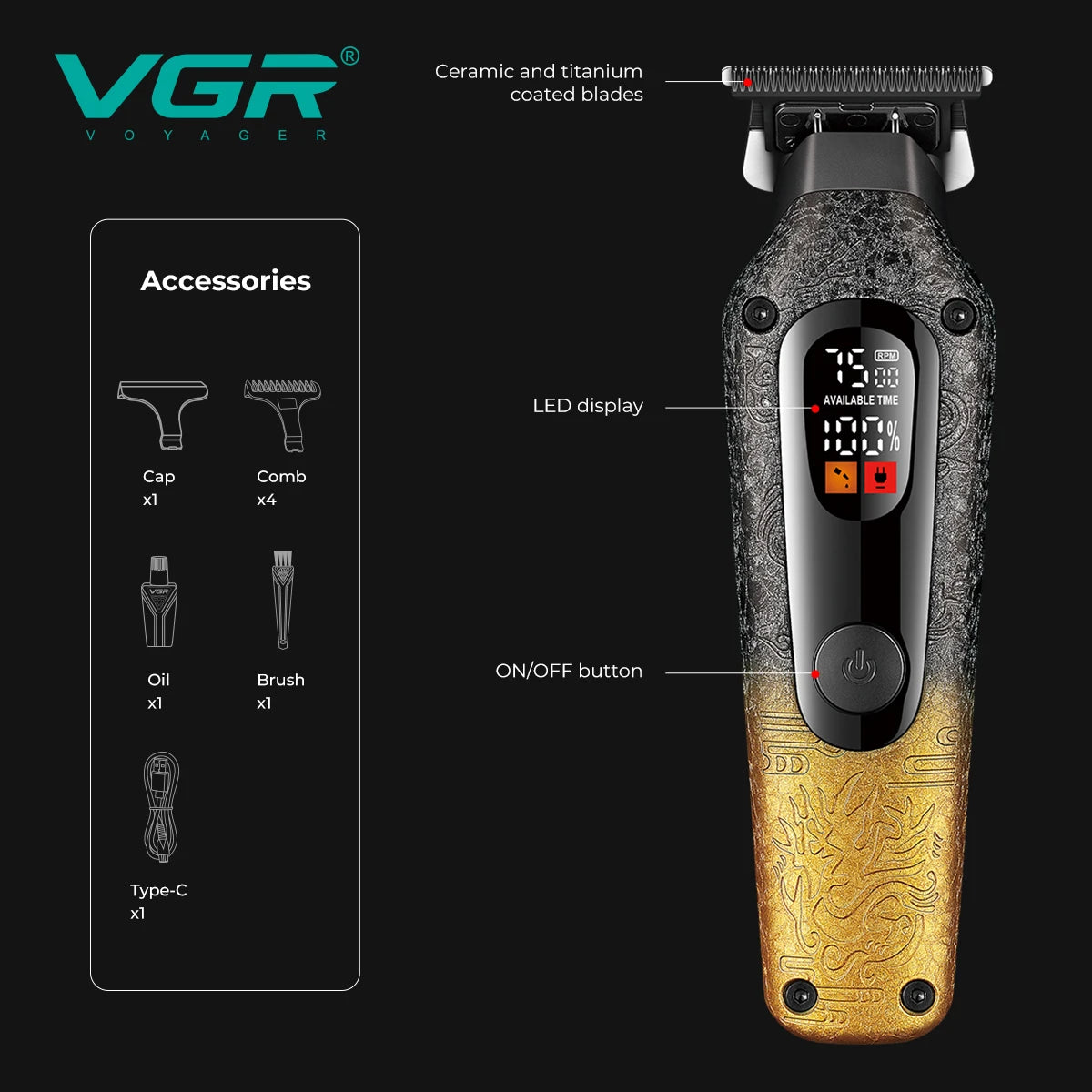 VGR Professional Electric Hair Clipper 7500 RPM High end Multi gear Adjustment Electric Push Scissor Embossed Body Trimme V-879T Peaceful Pleasures Health and Wellness