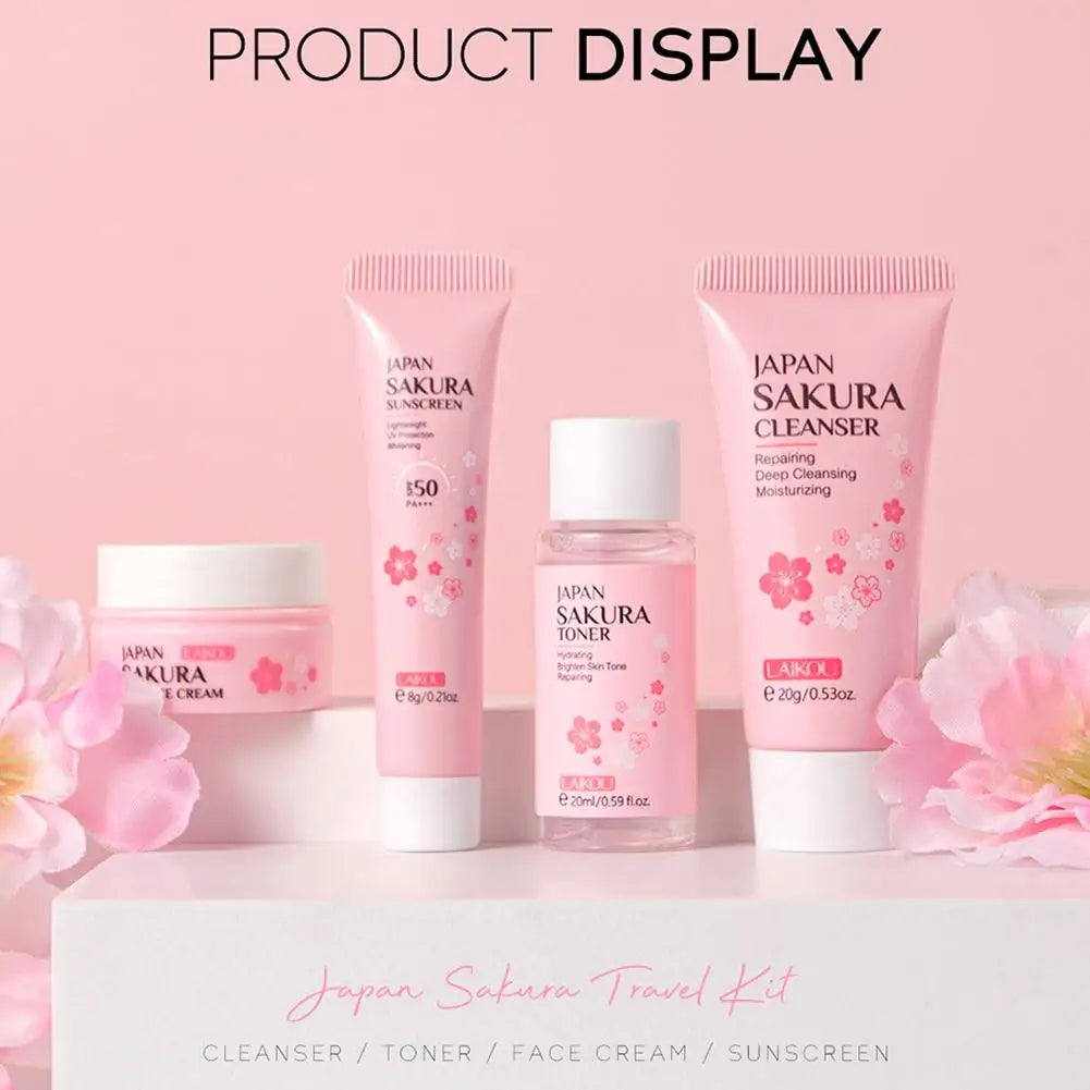 LAIKOU Sakura Skin Care Set – 4-Piece Travel Kit with Cleanser, Toner, Face Cream & Sunscreen Peaceful Pleasures Health and Wellness