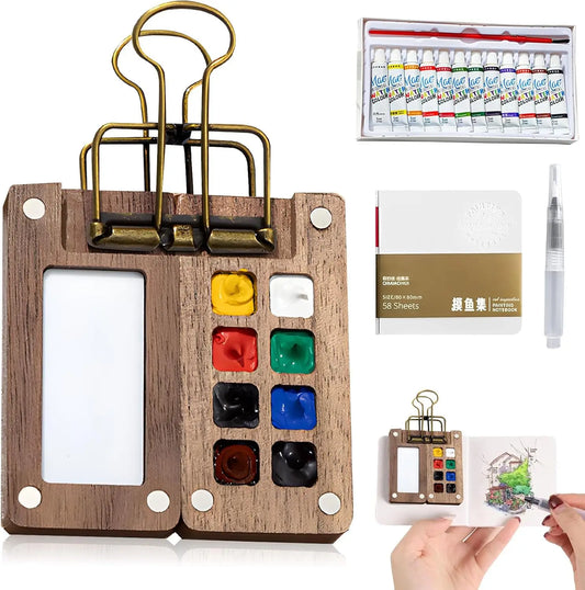 Mini Portable Watercolor Set – 8-Compartment Wooden Palette Kit Watercolor Palette Kit Peaceful Pleasures Health and Wellness 1 set