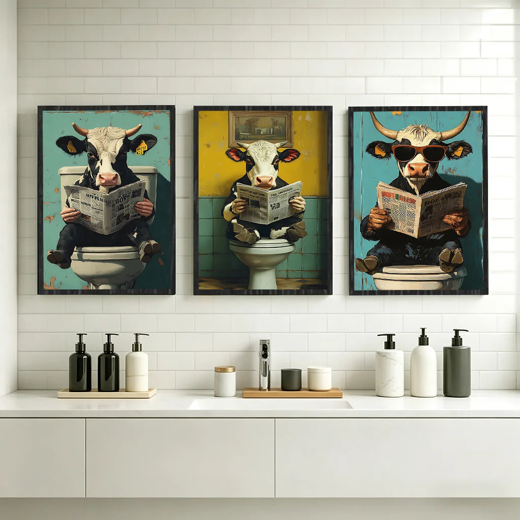 Retro Funny Cow Canvas Poster | Vintage Bathroom Wall Art Canvas Wall Art Peaceful Pleasures Health and Wellness