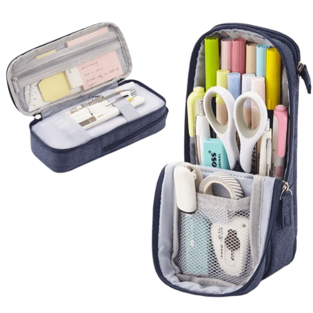 Large-capacity Folding Pencil Case Simple Double-layer Pen Storage Bag Portable Aesthetic Student Stationary Boxes School/Office Peaceful Pleasures Health and Wellness Blue