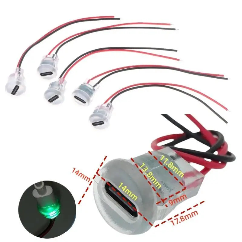 Waterproof USB-C Power Port Female Connectors Transparent 2Pin USB Type-C With LED Lights Input Type Charging Socket Peaceful Pleasures Health and Wellness A 5pcs
