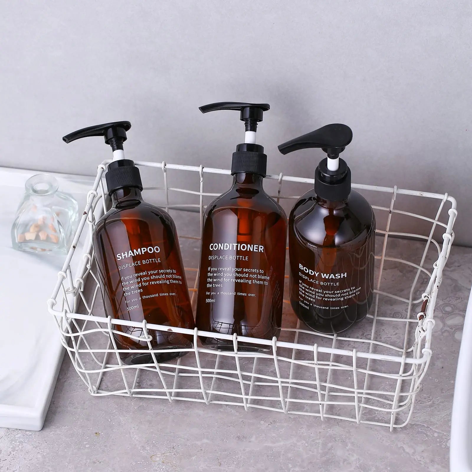Shampoo and Conditioner Dispenser Set Shower Soap Bottles Amber Refillable Shampoo and Conditioner Bottles for Hotel Bathroom Peaceful Pleasures Health and Wellness