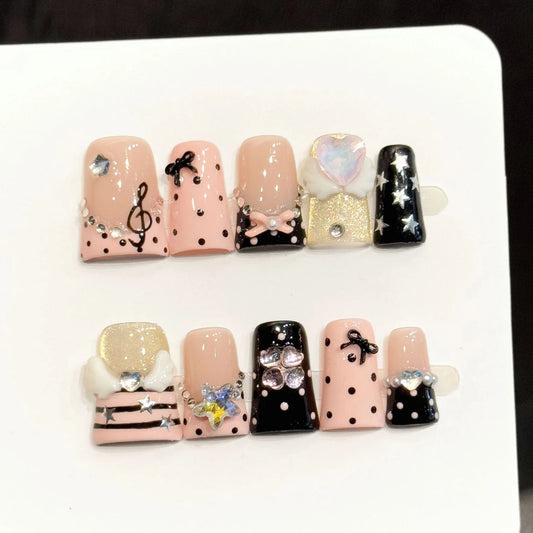 Y2K Duckbill Press On Nails – Polka Dot & Music Notes Design Press On Nails Peaceful Pleasures Health and Wellness